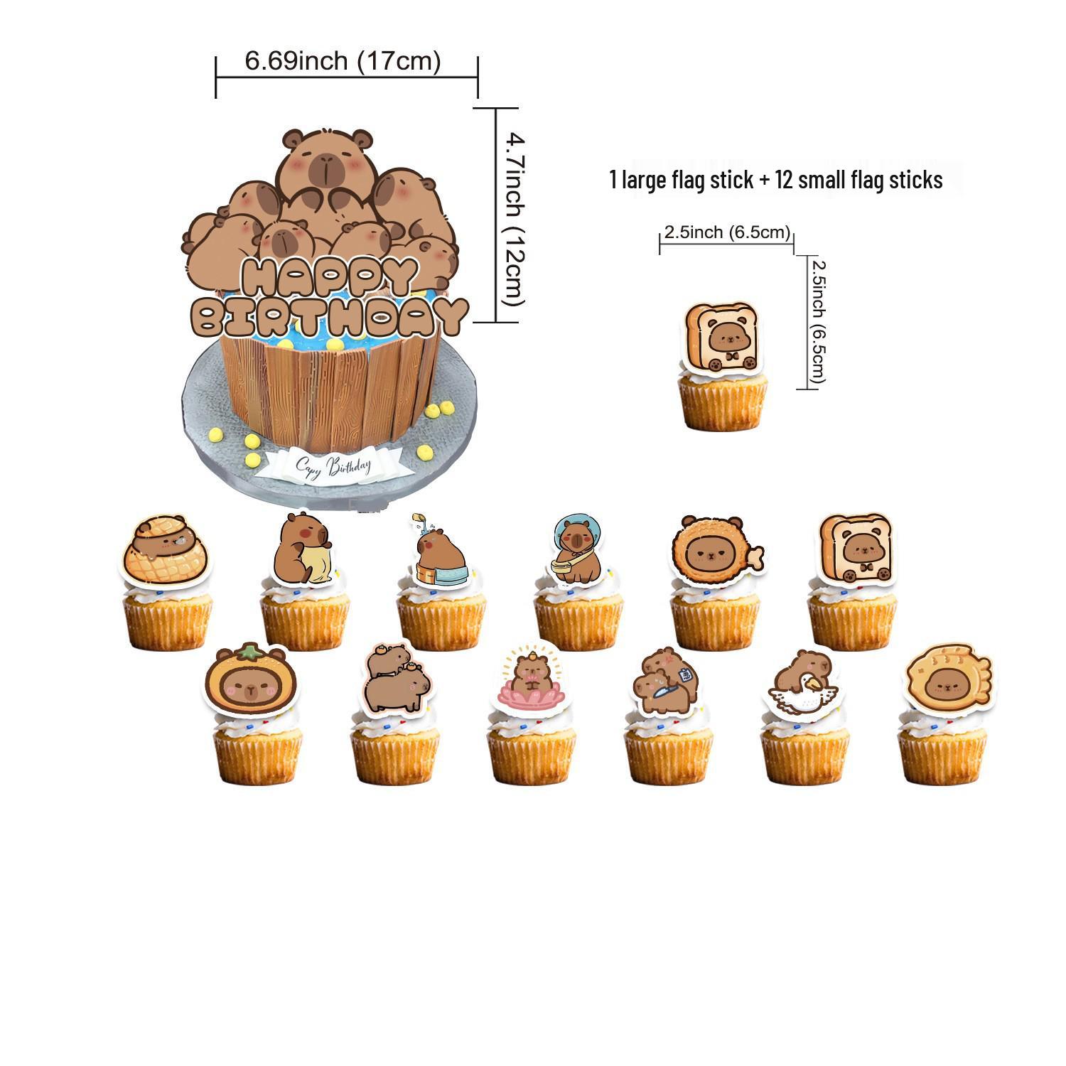 Capybara Birthday Party Decoration Set with Cake Topper & Flags