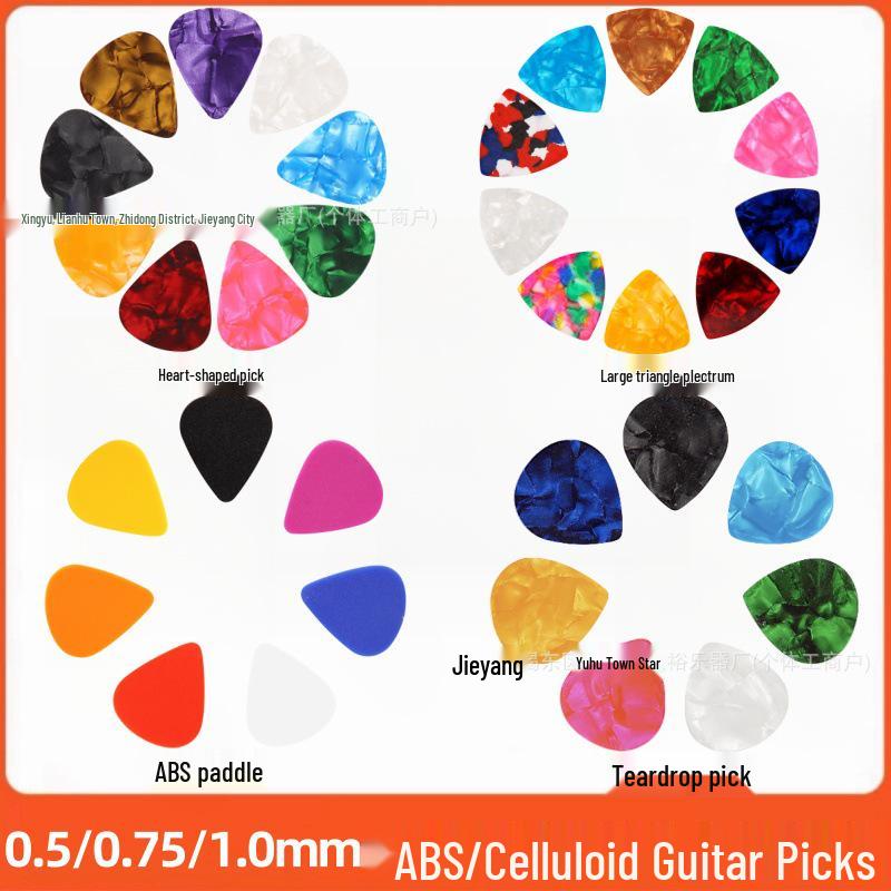 Hartvormige & Druppelvormige Gitaarplectrums - Celluloid & ABS, 0,5 mm, 0,75 mm, 1 mm.