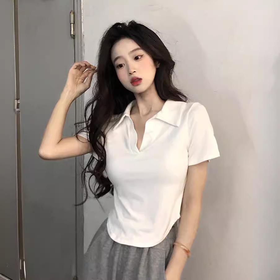 Women's Summer Slim Fit Korean-Style Polo T-Shirt with Ice Silk and Irregular Hem
