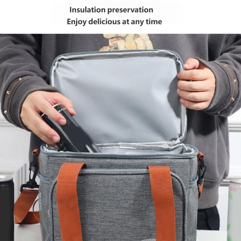 Expandable Double Deck Lunch Box Thermal Leak Proof Food Bag with Oversized Cup Pocket and Adjustable Strap