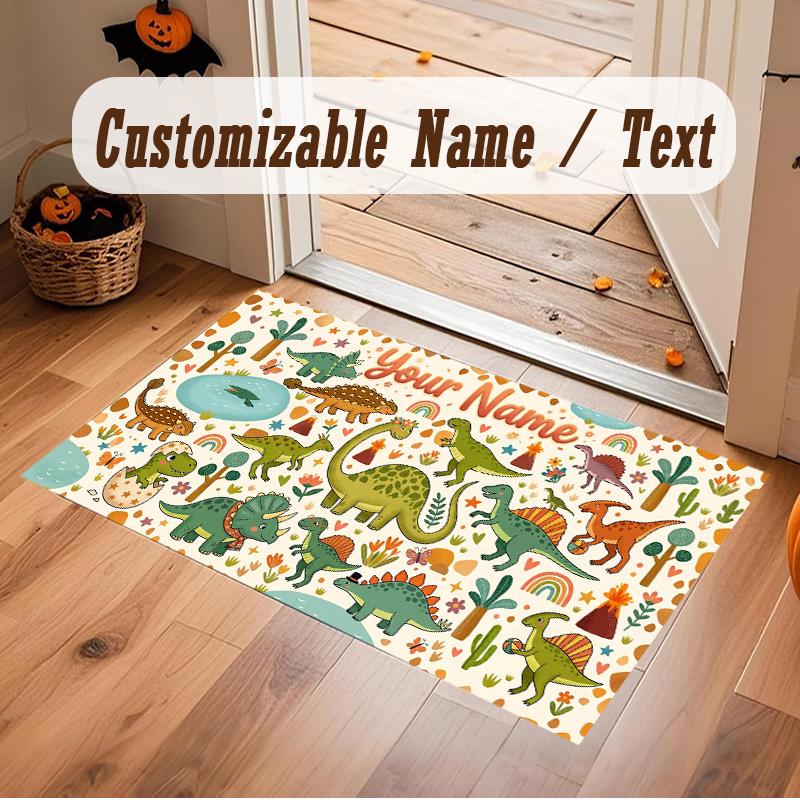 Dinosaur Theme Soft Crystal Velvet Rug Custom Name & Text Print Non Slip Floor Rug for Bedroom Living Room