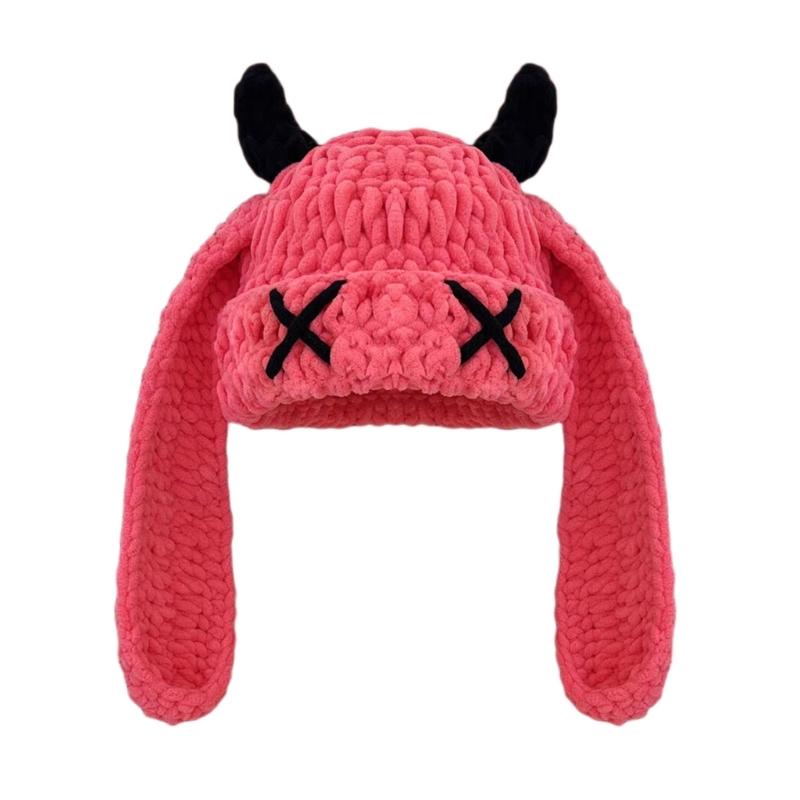 Handmade Crochet Cap with Devil Horn Long Ears Stretchy Pullover Hat Winter Warmth Hat Halloween Cosplay Head Accessory