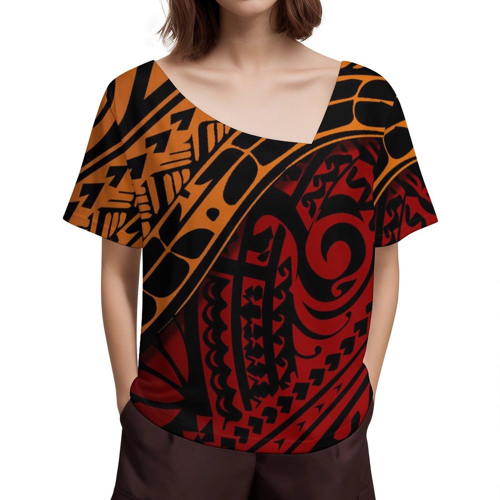 

Полинезийские племенные женские повседневные модные летние футболки с коротким диагональным воротником XL