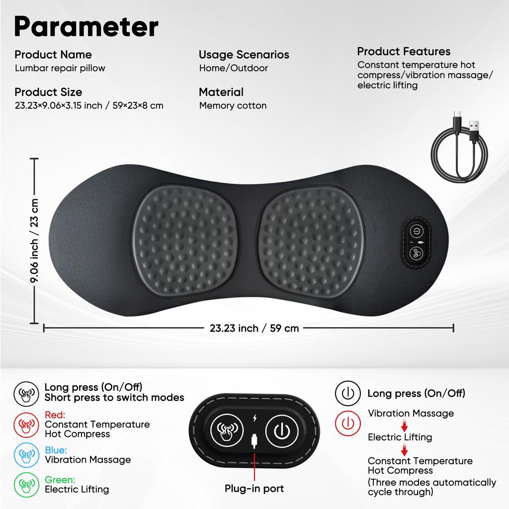 3 in 1 Upadate Rechargeable Electric Lumbar Support Pillow with Adjustable Height for Bed and Chair,Back Massager with Heat