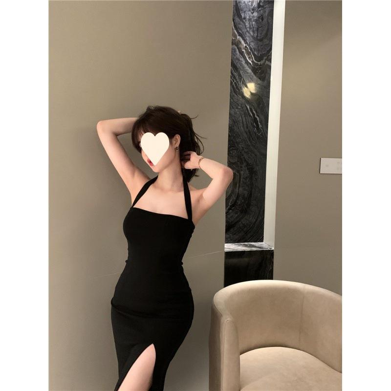 One-word shoulder neck suspender dress women's clothing summer hip-wrapped split medium and long skirt high-end temperament skirt