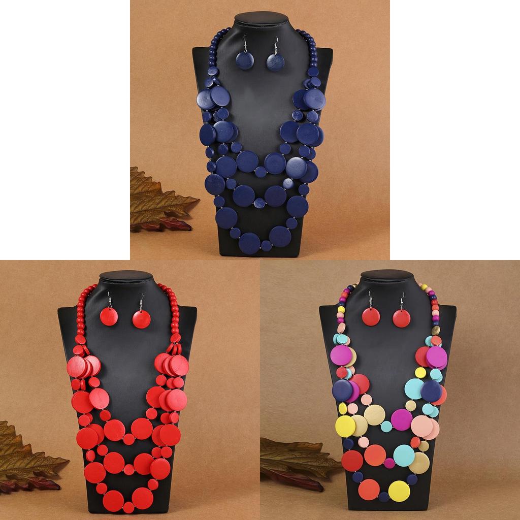 Bohemian Geometric Wooden Bead Multilayer Necklace And Earring Set For Women