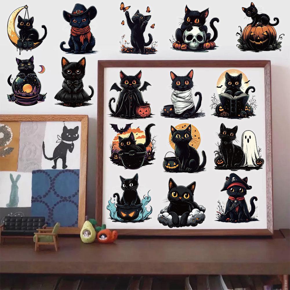 50 Creative Halloween Black Cat Transparent PET Stickers for Thermos Cups, Phone Cases, and Computers