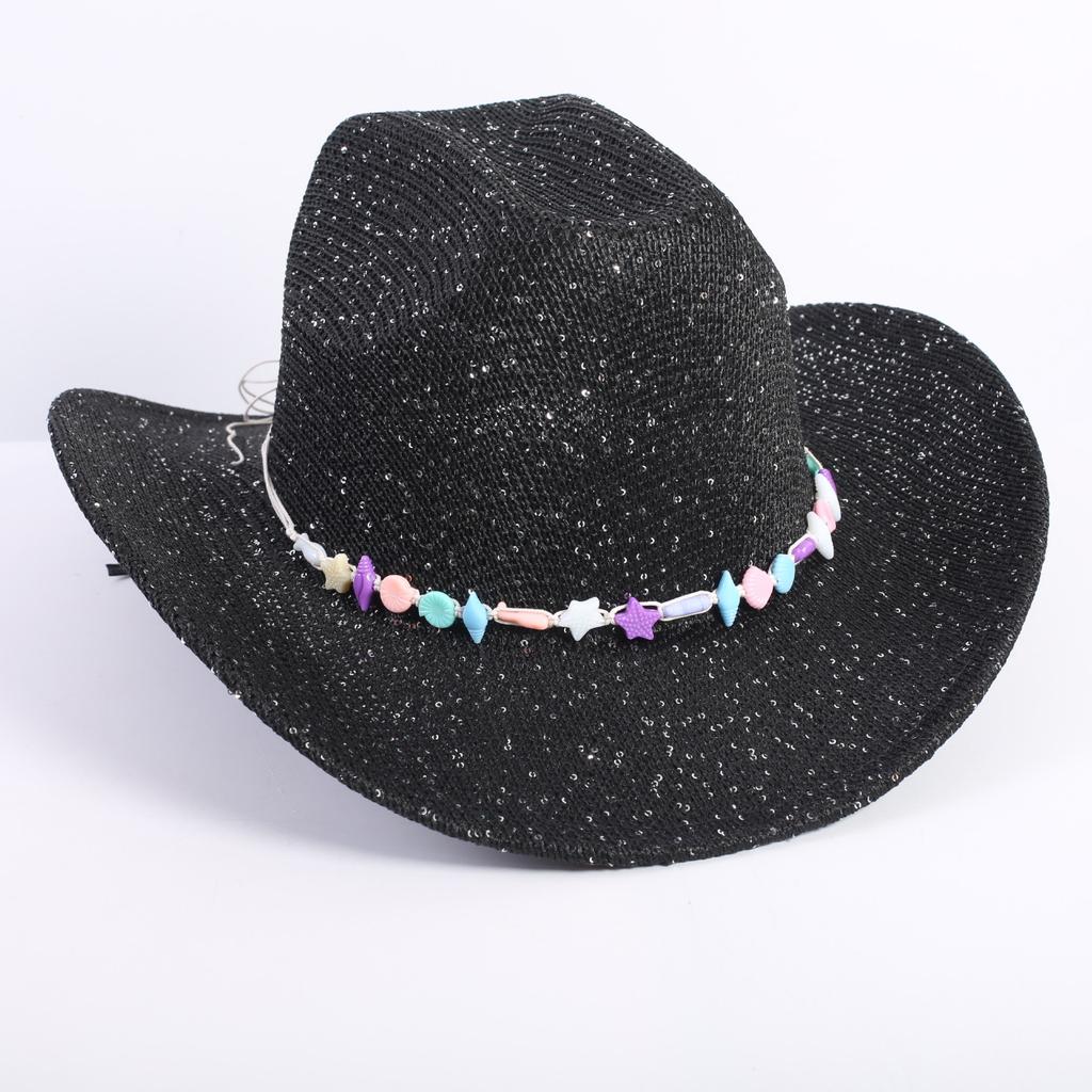 Popular European and American classic western denim straw hat, men's and women's fashion outdoor sunscreen sequined straw hat
