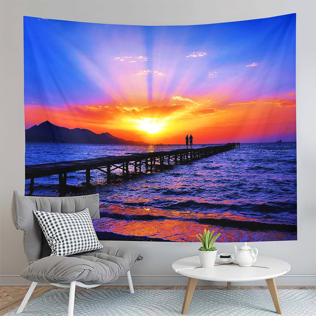 Sunset Beach Tapestry Ocean Waves Tapestry Golden Sky Tapestry Home Living Room Bedroom Dorm Wall Hanging Decorative Blanket