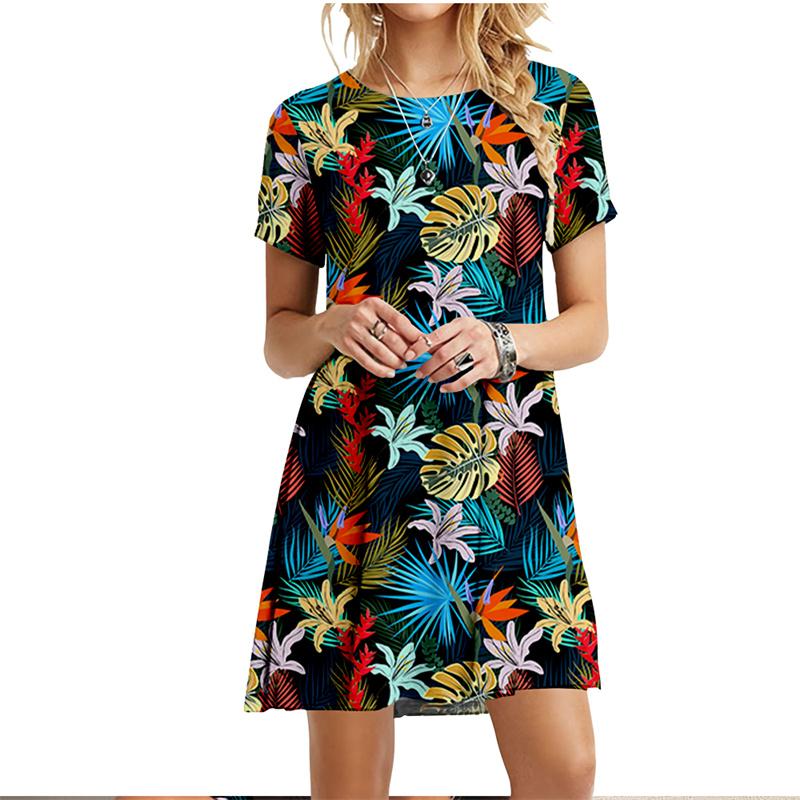 S-6XL Plus Size Dresses For Summer Women Beach Dress Palm Leaves Feather Print Dress Streetwear Casual Loose Ladies Dress