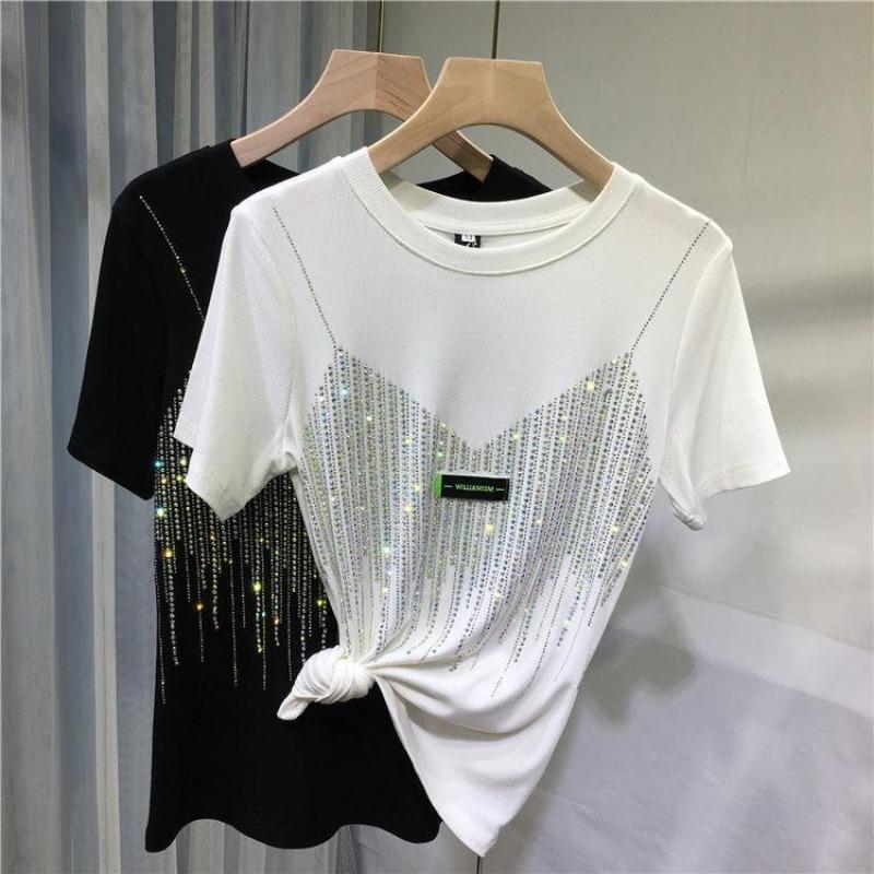 

Women Casual Solid Color O-Neck Letter Labels T-shirt Summer Diamond Short Sleeve Shirts Fashion Streetwear Tees Top S чорний