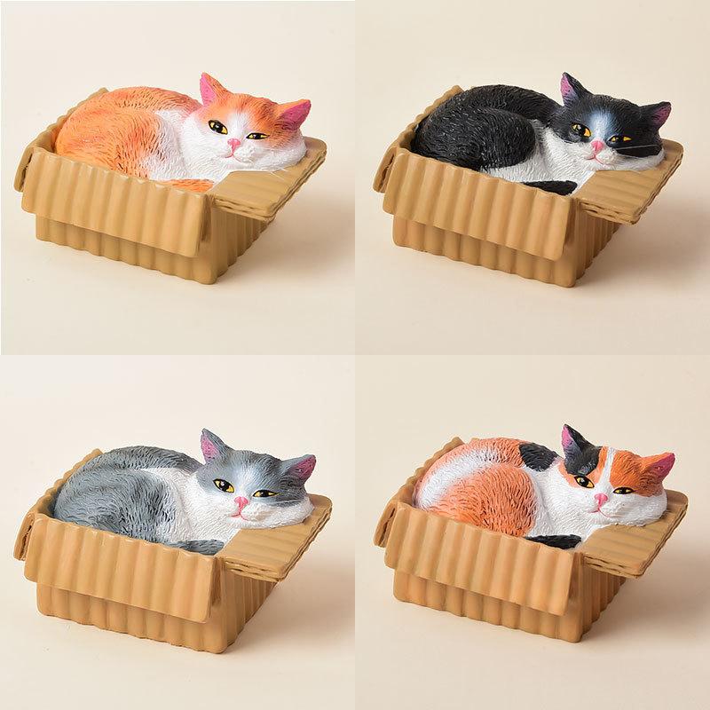 Resin Napping Cat In Box Figurine Cute Kawaii Desktop Ornament for Car Dashboard Bedroom Living Room Decor