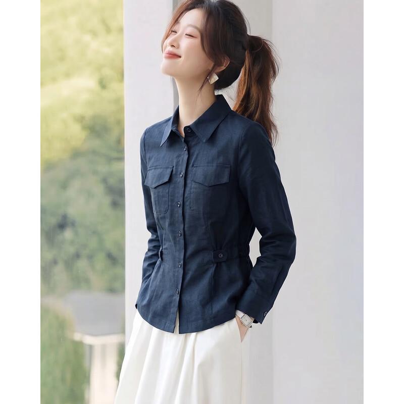 TERRE BLEUE Women s Linen Blend Waist-Cinching Shirt M темно-синий