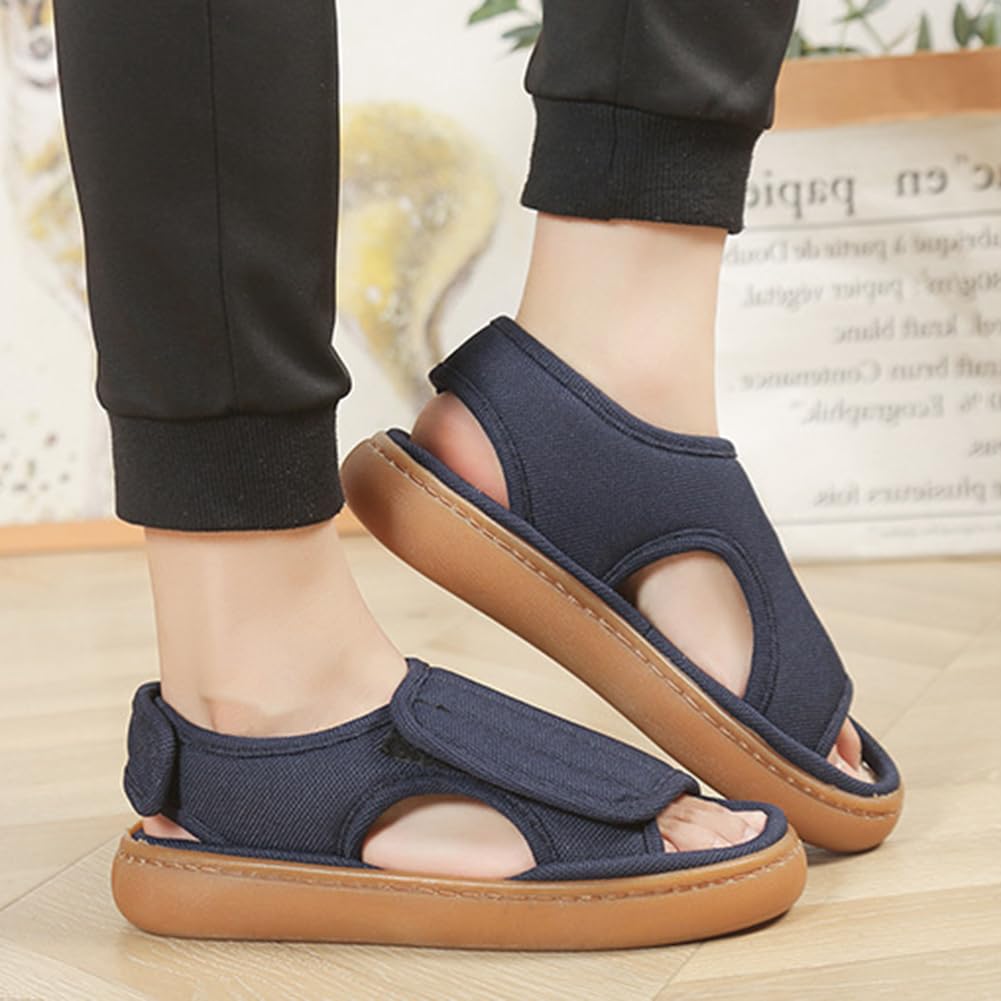 Caregiver Wide Adjustable Velcro Easy to Linen Slippers Weight Japanese Shoe [Euyqs] Slippers, Design, Closure, Wear, Unisex, (Navy, Adult, 23.5 cm,