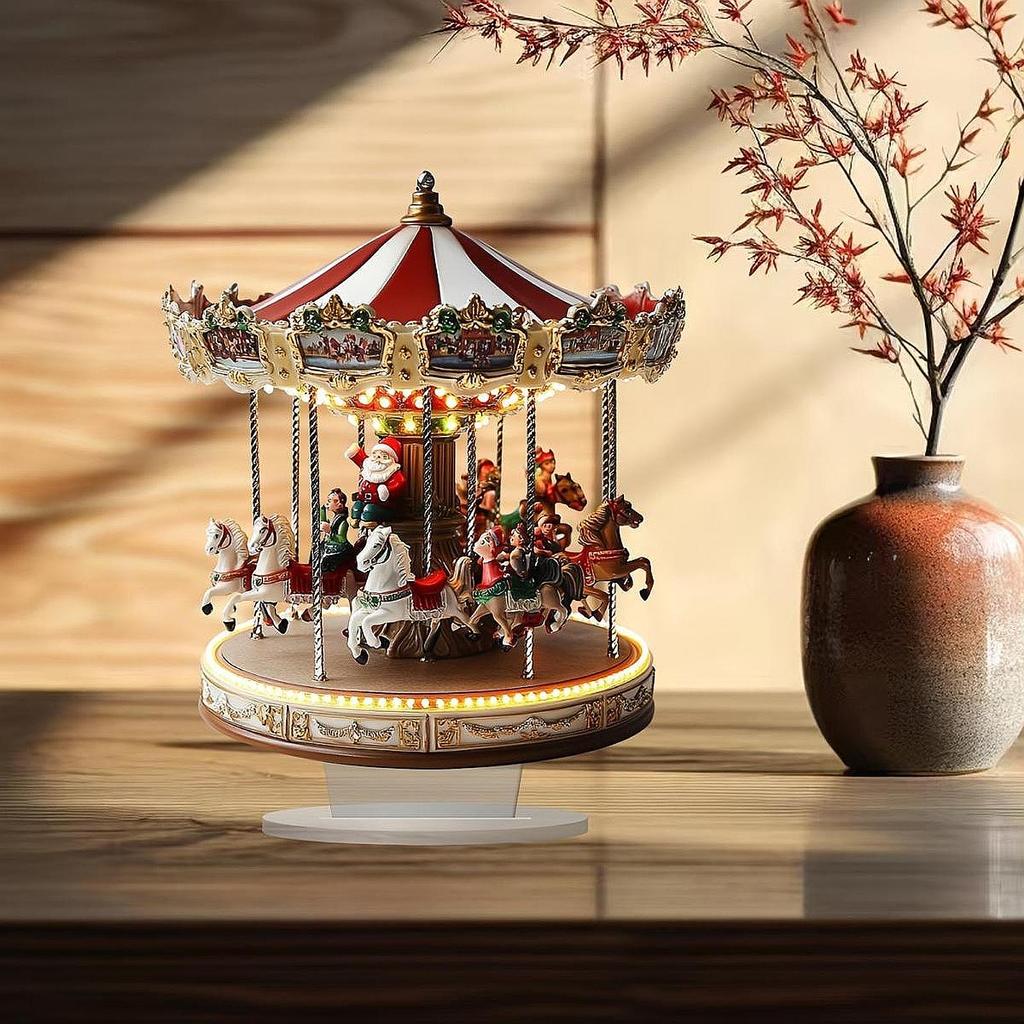 Carrousel De Noël Illuminé - 20x25 Cm, Acrylique - Décoration De Table, Maison Miniature - Pour Village De Noël