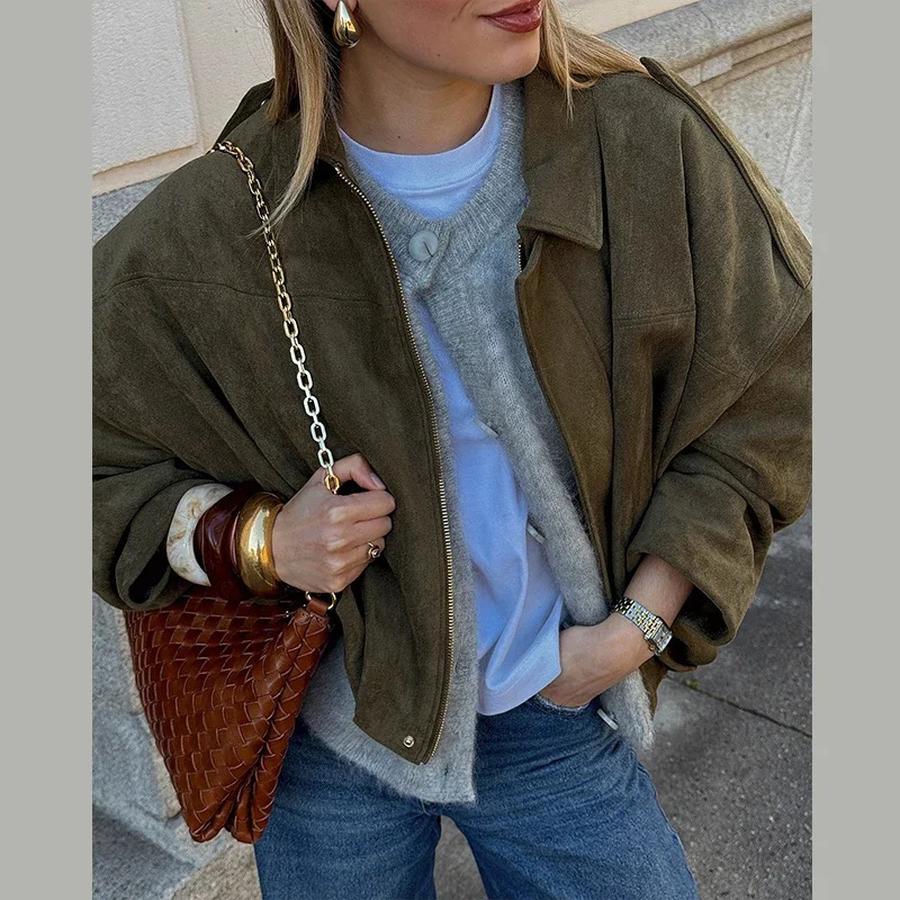 Women's Spring Autumn Faux Suede Velvet Stand Collar Zipper Button Flight Jacket Coat