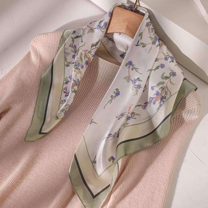 111 mulberry silk light green flower silk scarf women's spring and summer travel with decorative sunscreen scarf small square scarf