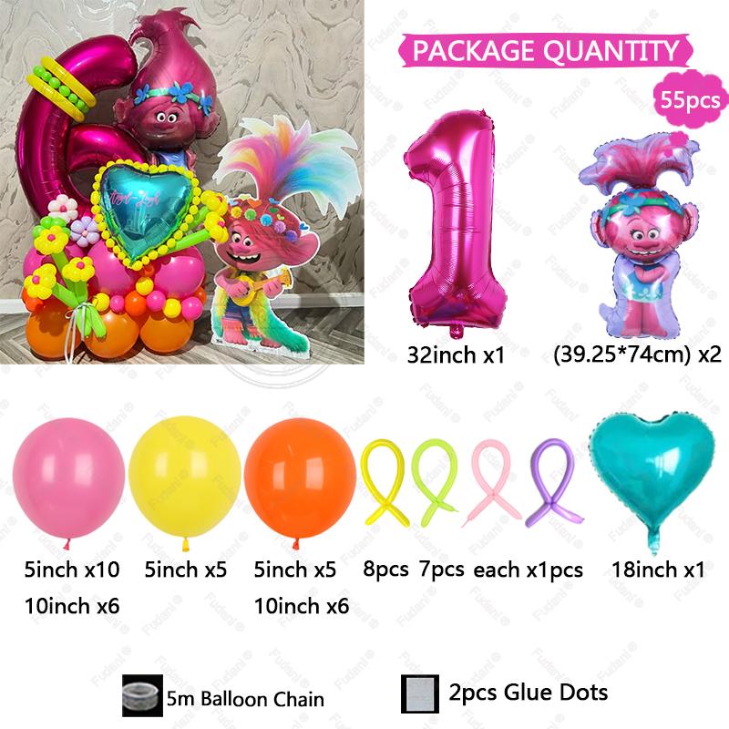 55pcs Troll Foil Helium Balloons Kit Birthday Magic Hair Theme Party Decorat Baby Shower Kids Toys Supplies Air Globlos Balloon
