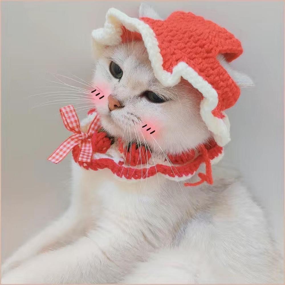 Cappello intrecciato a mano per animali domestici, simpatico cartone animato gatto cane, abbigliamento cappello decorazione, copricapo per animali domestici