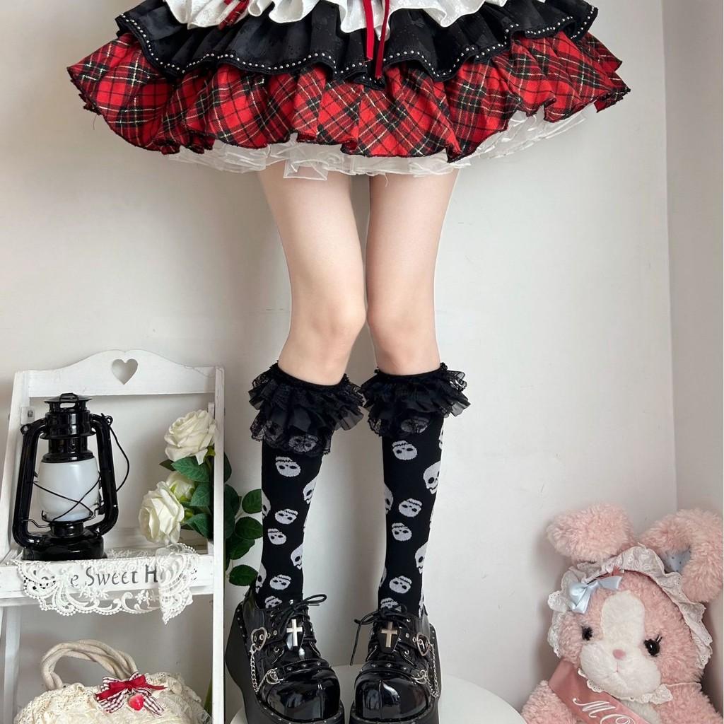 Lolita Sweet Notes Black Lace Trim Knee Socks With Breathable Cotton For Teen Girls