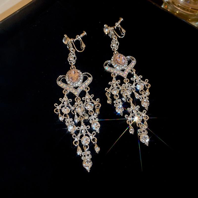 Silver Needle Diamond Flower Water Drop Tassel Earrings Exaggerated Earrings Light Luxury Premium Earrings Women