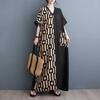 Summer New Printing Thin V-neck Short-sleeved Color Collision Splicing Black Long Dresses