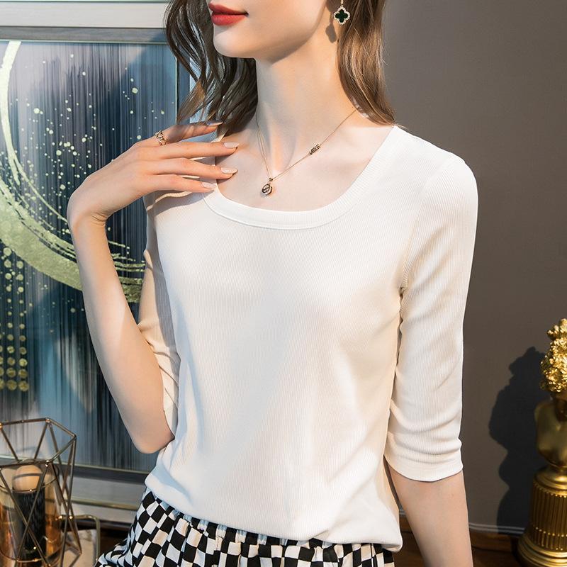 

New medium-sleeved t-shirt slim-fit five-quarter-sleeved collar design sense with knitted bottoming shirt top M белый