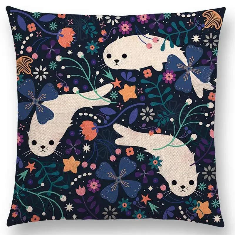 Niedliche Cartoon-Tiere Sofa Überwurf Kissenbezug Blumen Blatt Mond Sterne Nachthimmel Fuchs Flamingo Katze Schwan Vogel Narwal Kissenbezug