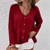 Women's Fashion Casual Solid Color V-Neck Live Button Long Sleeve T-Shirt Top