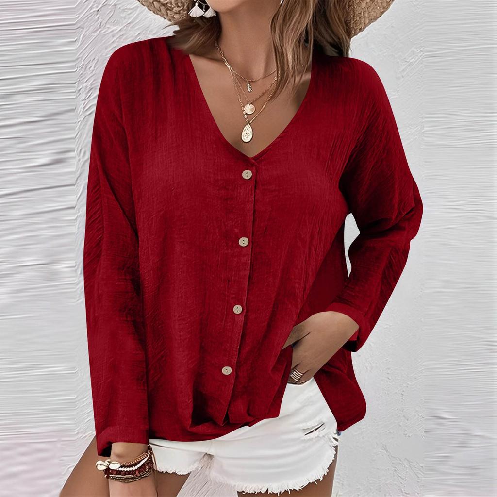 Women's Fashion Casual Solid Color V-Neck Live Button Long Sleeve T-Shirt Top