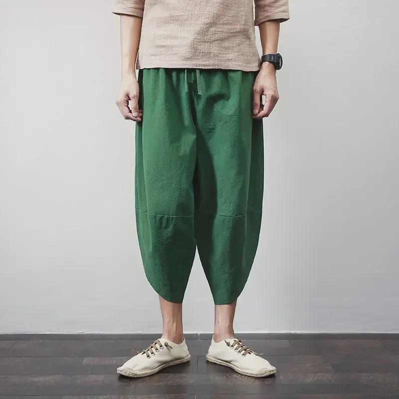 Men's Loose Fit 7-Point Linen Beach Pants - Thai Wide Leg, Casual Chinese Style Harem Pants Trends