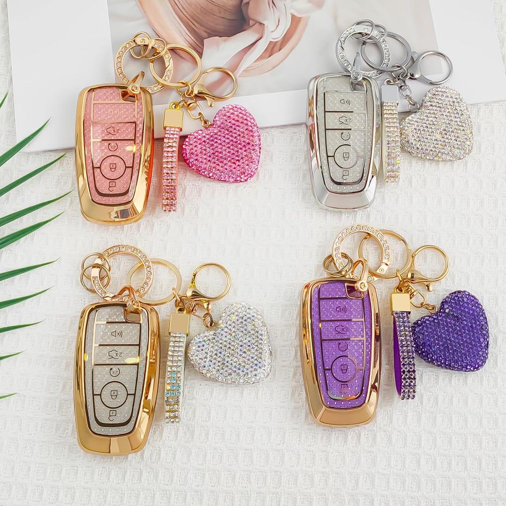Key Fob Cover with Diamond Bling Keychain for Women, Compatible with Ford Fusion Escape Expedition Explorer Edge F150 F250 F350 etc, TPU Key Case and