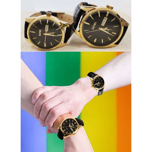 Popular couple's watches for men and women. Classic black leather strap, waterproof, luxury, perfect for weddings, anniversaries, or any special occas