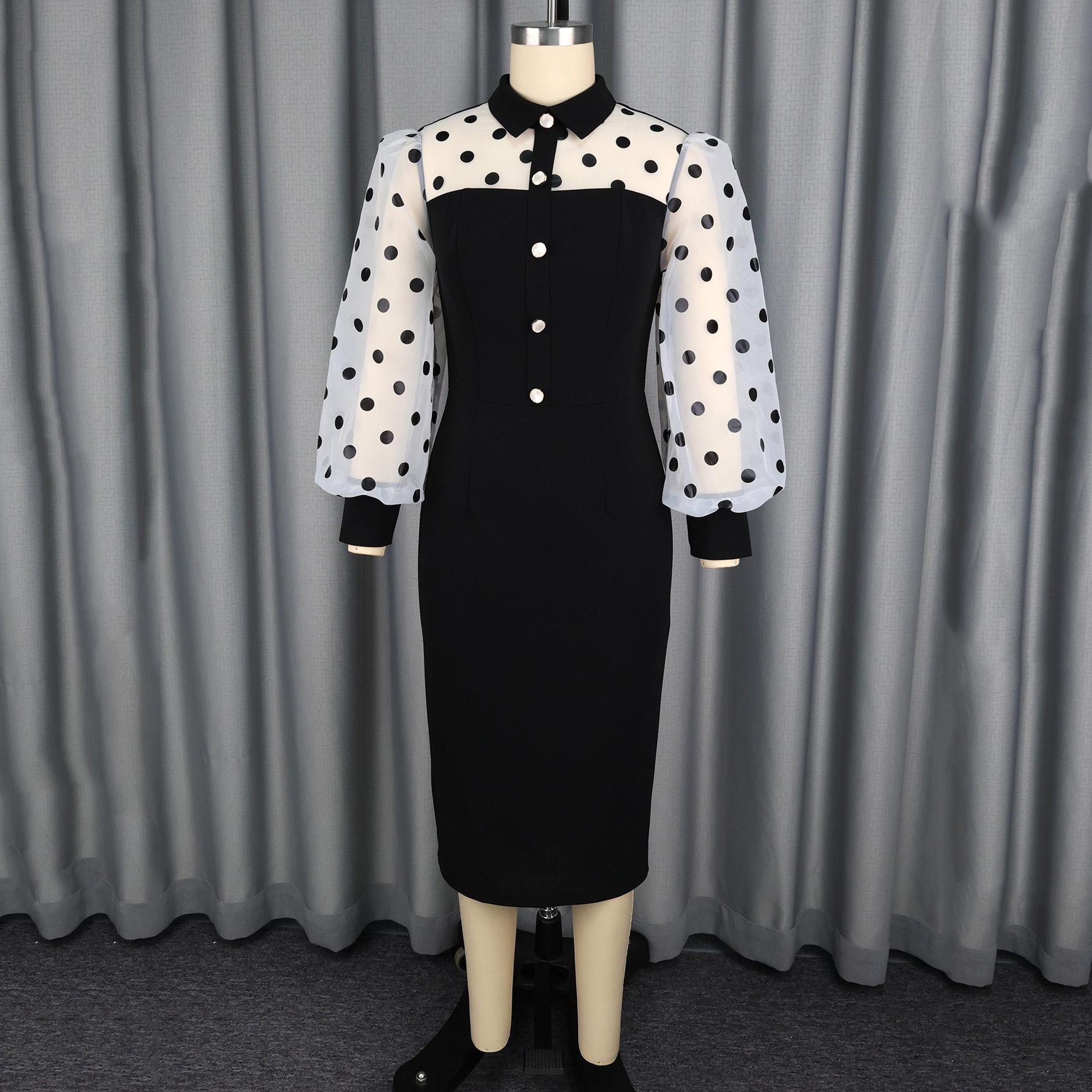 

Elegant Long Sleeve Dresses 2026 Polka Dot Printed Buttons Sheath Package Hips Mid Calf Dress XXL чорний