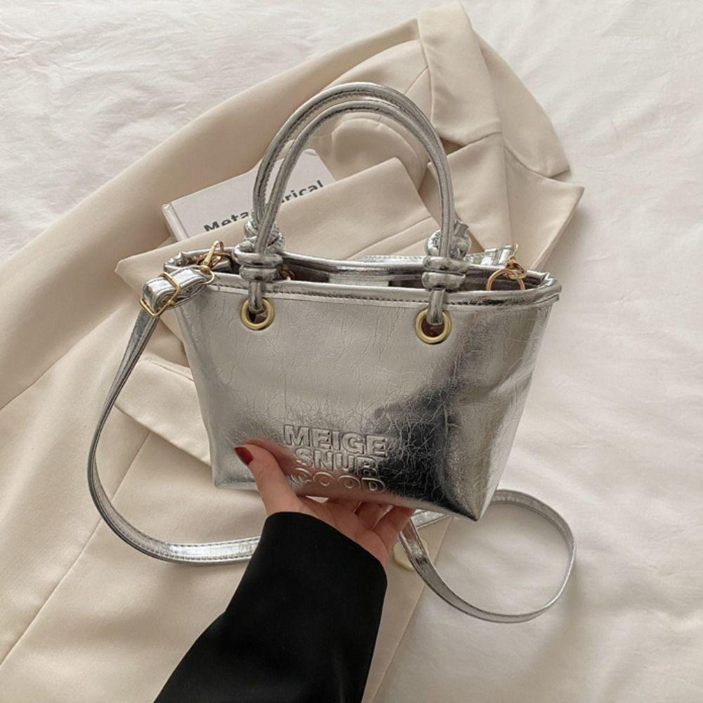 Crossbody Bag Small Basket Bag Tote Bag Women's Shoulder Bag Fashionable Silver  PU Bag  Women