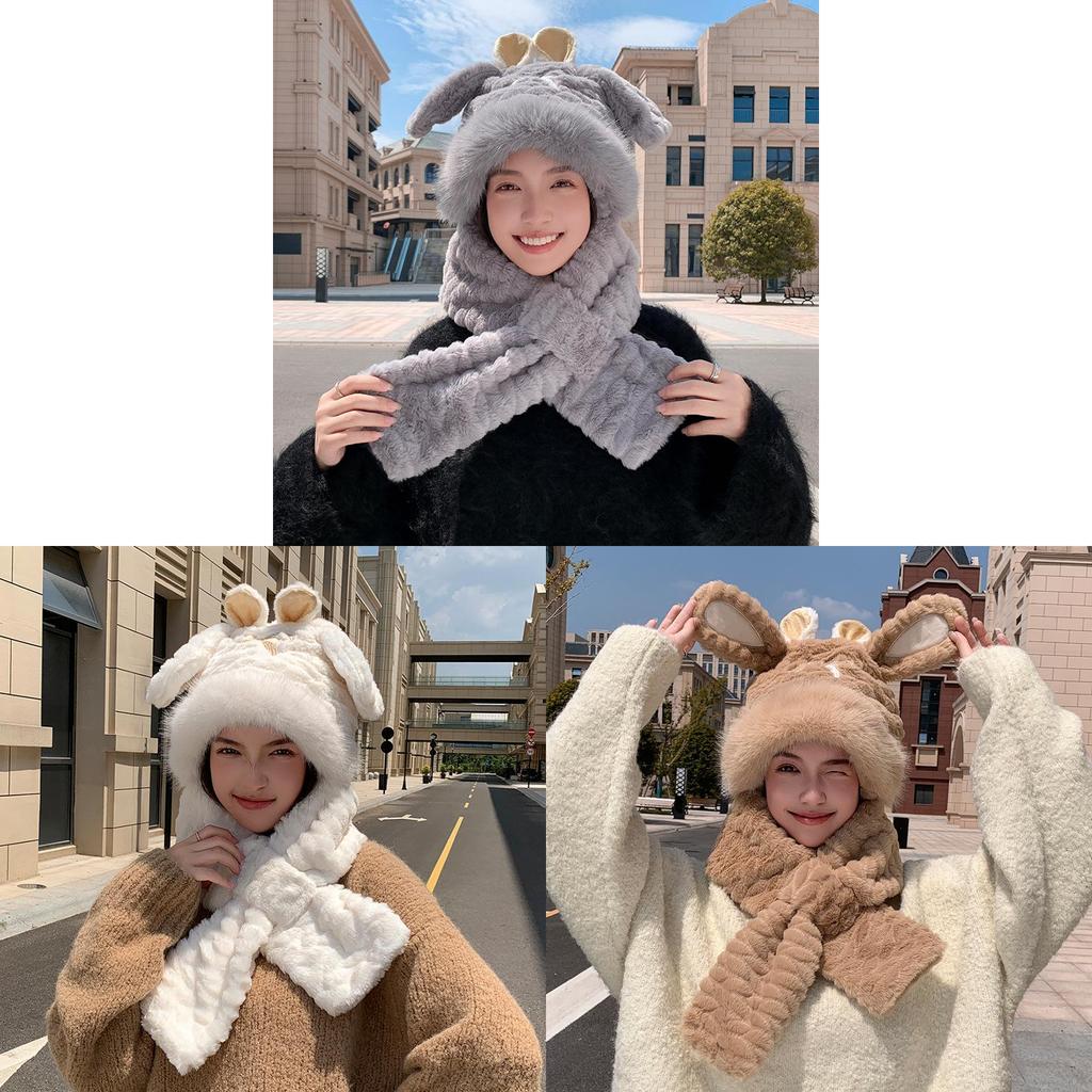 Plush Bunny Earmuff Hat With Neck Warmer For Winter Kids Outdoor Fun