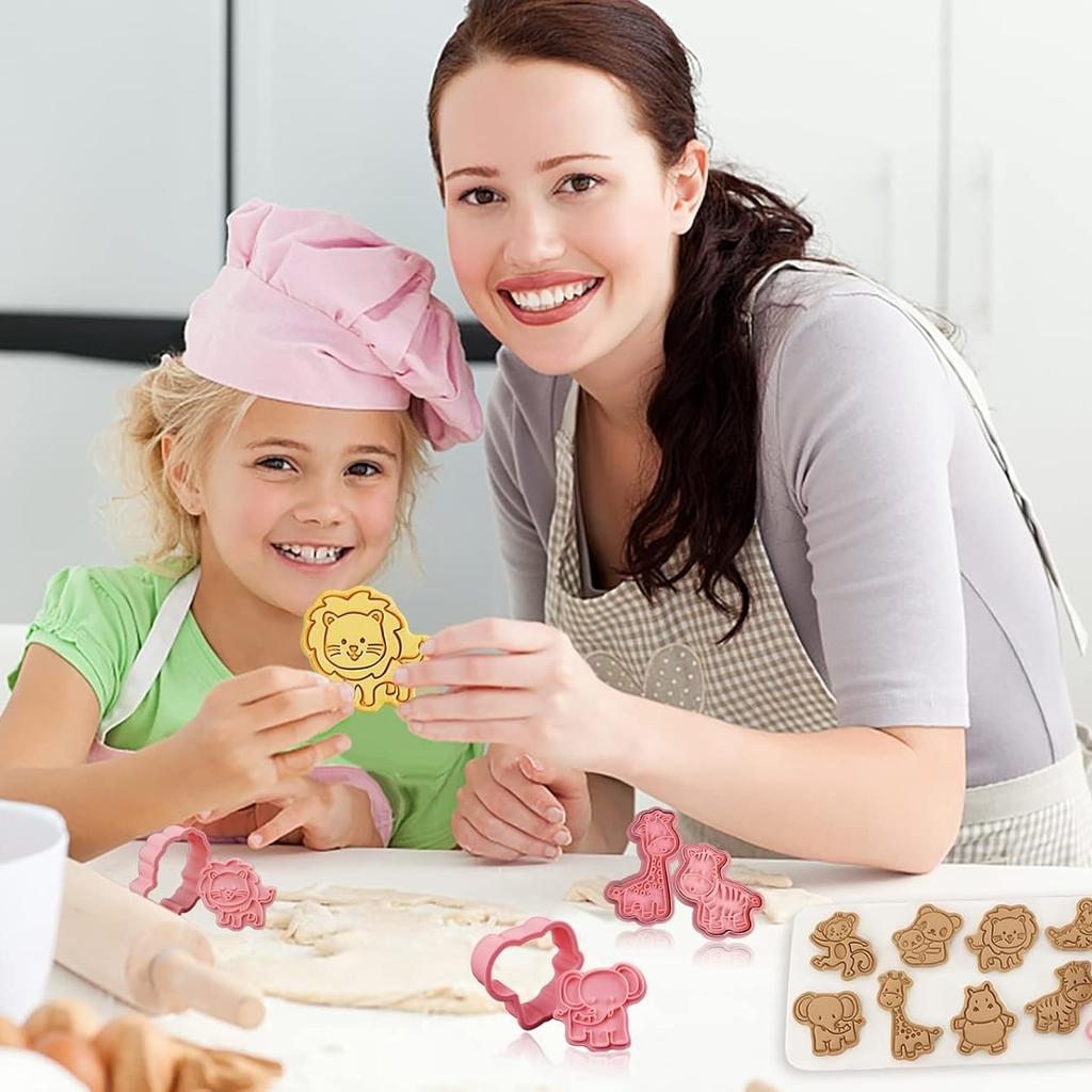 Pet 3D Cookie Cutter Set of 8 - Animal Shapes Biscuit Stamp Molds with Plunger, Embossing Baking Tools for Fondant Cheese Cookies, Pink