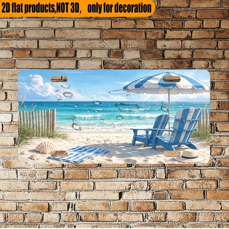 2D Flat, 1pc, for Decoration Solely, 12X6 Inch Fresh Beach Blue White Umbrella Beach Chair Coastal Aluminum License Plate, for Home Cafe Bar Wall And