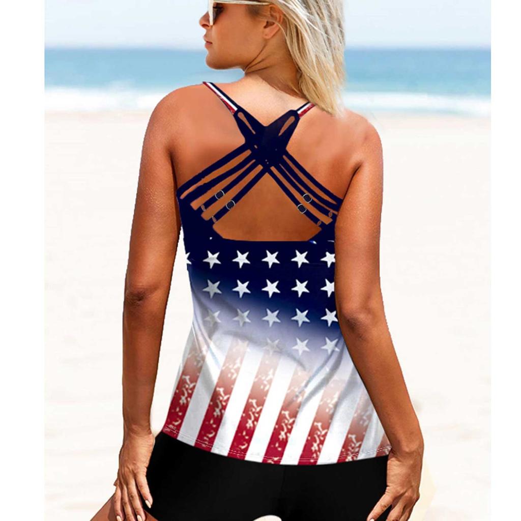 Women Lag Print Swimwear Bikini Set Round Neck Slim Split Swimsuit