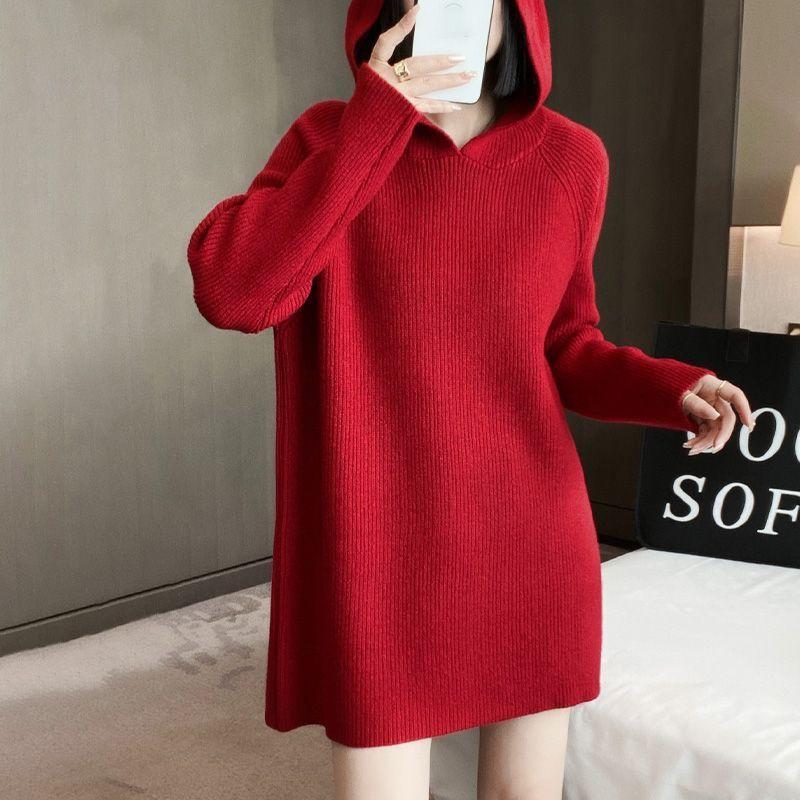 Autumn and winter lazy wind atmosphere medium and long hooded bottoming shirt loose pullover thick knitted sweater women