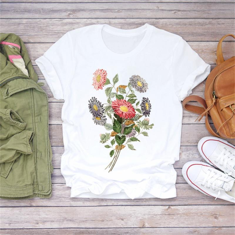 Casual Flower Graphics Women's T-Shirt 90S Summer Blouse Short Sleeves Tees Loose White O-Neck Shirts Female Tops Kpop Clothing