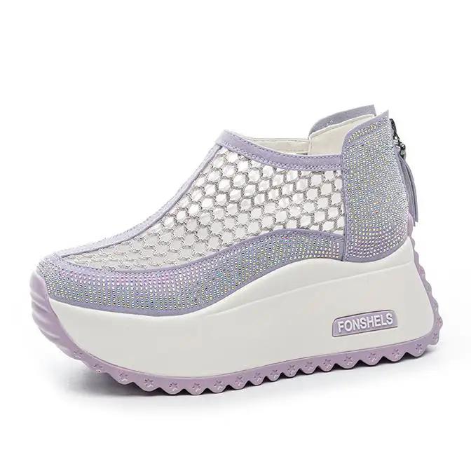 Fashion 8CM Microfiber Leather Ankle Boots Sandals Women Shoes Hollow ZIP Chunky Sneaker Platform Wedge Fashion Summer Bling Sandals