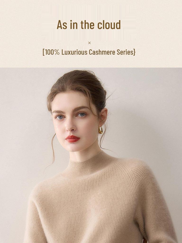 Women's Cashmere Knit Top, Half-High Neck, Loose Fit, Slimming, Thick Sweater for Autumn/Winter
