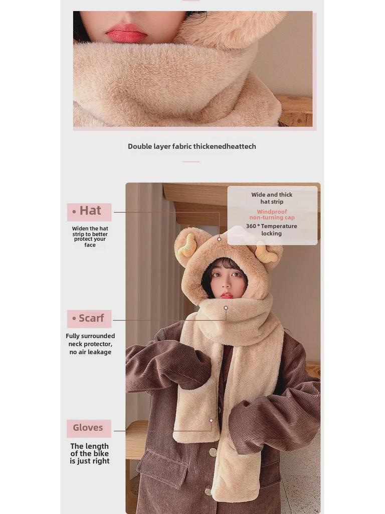 Conjunto de Invierno para Mujer de Gorro, Bufanda y Guantes de Osito: Trío de felpa acogedor, elegante y cálido