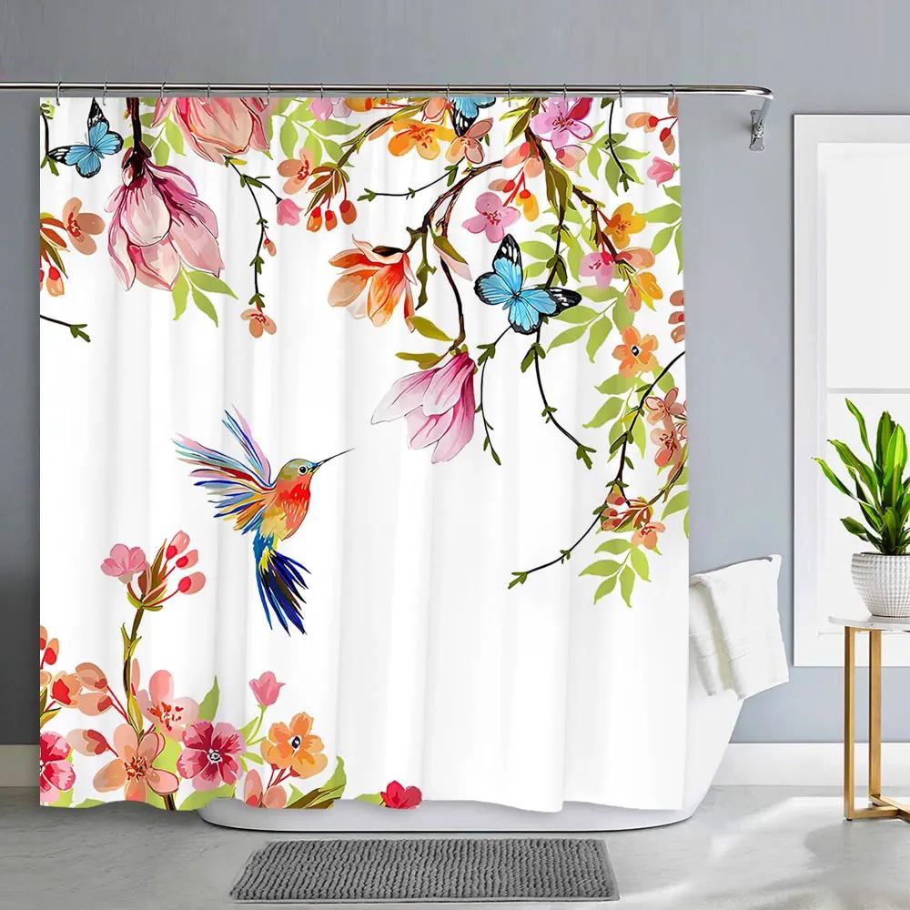Spring Floral Hummingbird Shower Curtain for Bathroom Watercolor Flower Bird Modern Decor Machine Shower Curtains Bathroom Decor