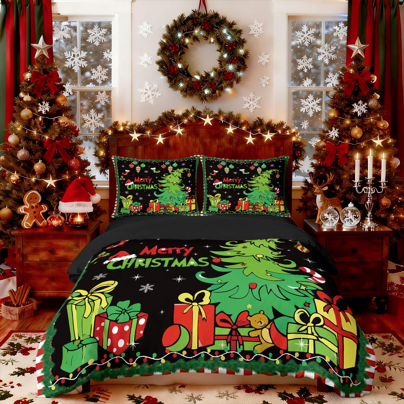 

3pcs cartoon Christmas tree HO element print coreless duvet cover set multi size bedroom holiday bedding decoration 135x200cm-EU-Single&set