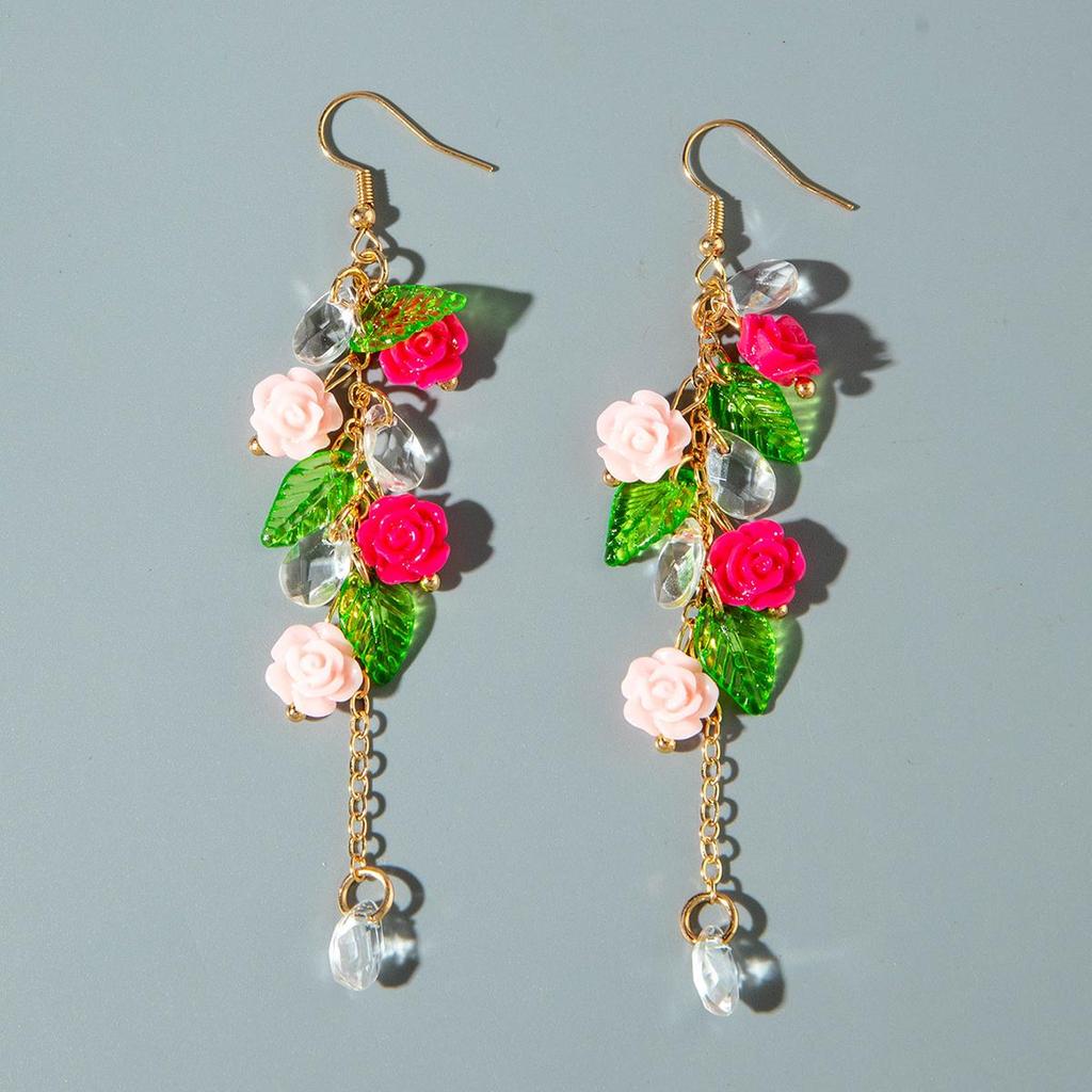 European and American Cross-Border Fashionable Elegant Colorful Rose Leaf Pendant Earrings for Women's Jewelry Forest Women's Style Earrings