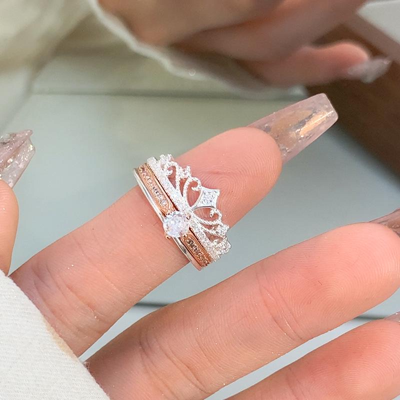 Yin Town Crown Zircon Heart Open Ring - High-End Women's Stackable Wedding & Pinky Band