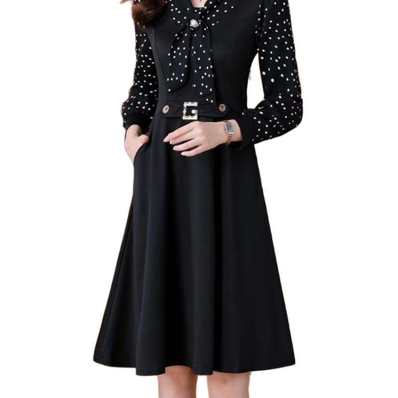 Women's Korean-Style Casual Elegant Slimming A-Line Dress Bow Patchwork Rhinestone Solid Color Long-Sleeve Dress