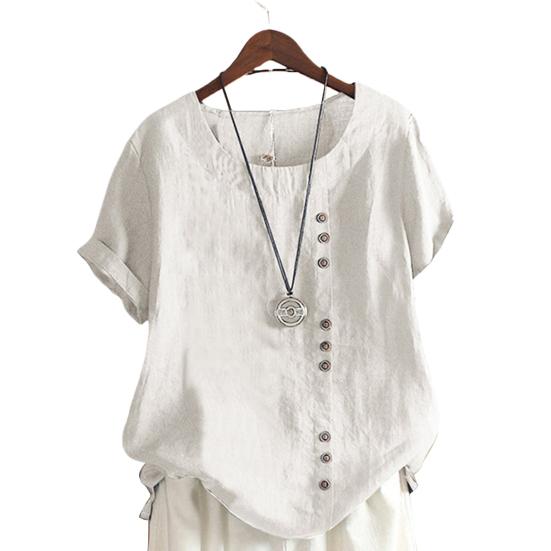 Woman Tops Round Neck Short Sleeves Solid Color Pullover Breathable Casual Wear Oversize Summer Loose Cotton Linen Leisure Shirt Women Clothes